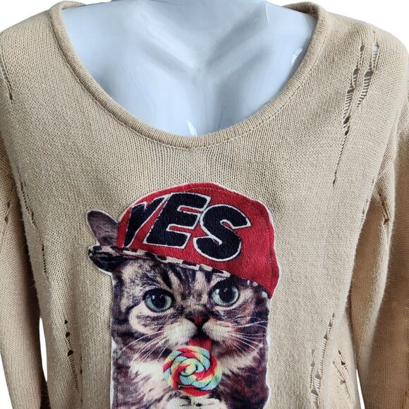Y2K-Whimsical Yes Cat Lollipop V-Neck Sweater-Shred Knit-Beige-OS-Grunge-Novelty - Picture 3 of 12